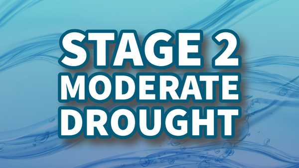 Graphic with flowing blue water and bubbles on a light blue background, featuring the text “Stage 2 Moderate Drought” in large bold white letters.